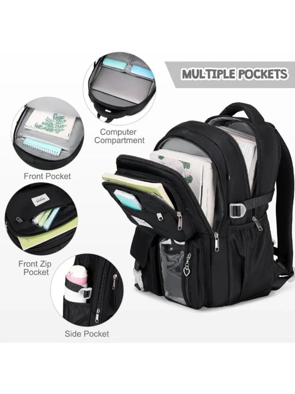 Stylish Black Girls' Backpack with Lunch Box & Pencil Case - Perfect for School!